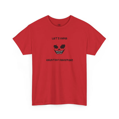 A red T-shirt with a daring clown graphic with sharp teeth and scars, and "Let’s Make Haunting Memories" text.