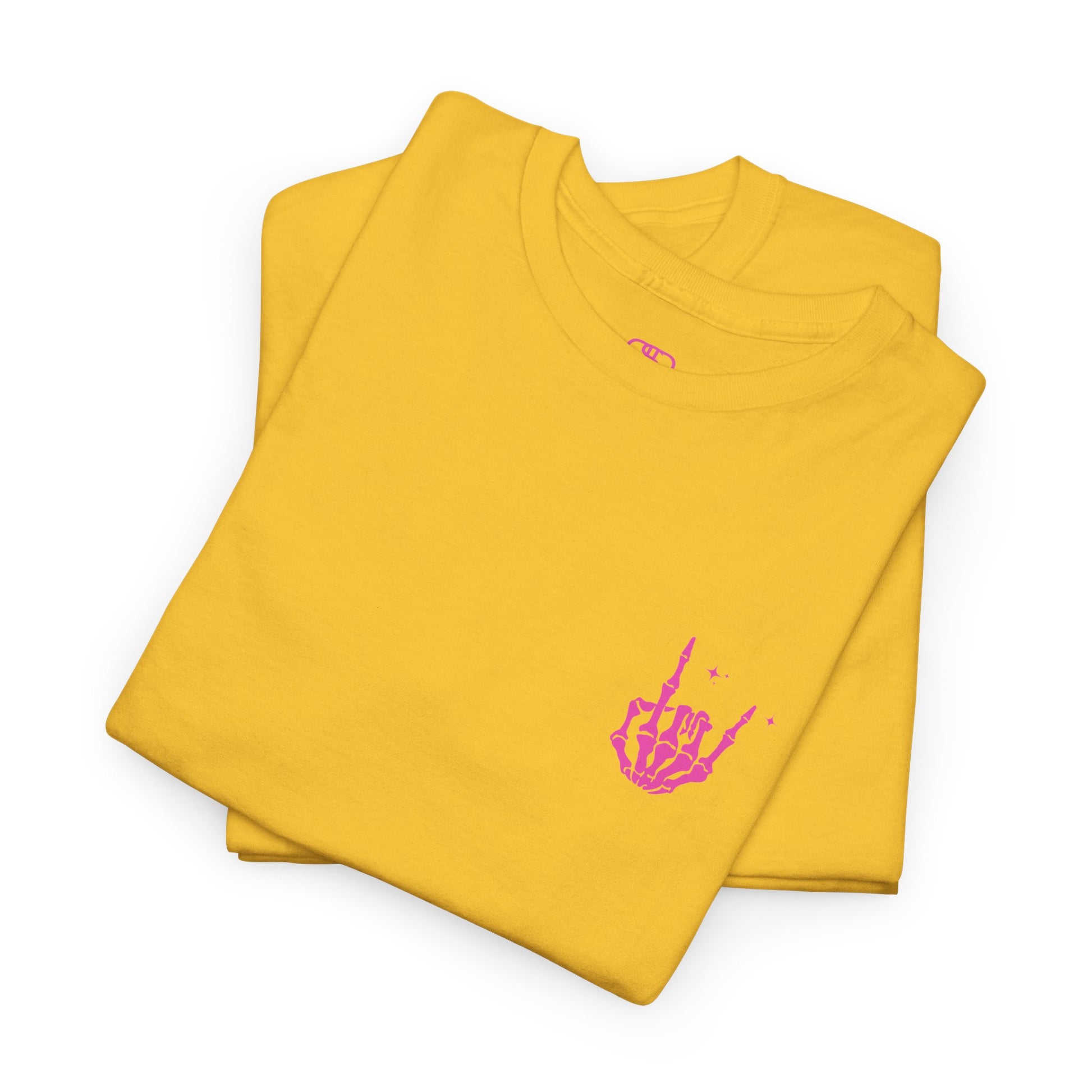 A folded daisy t-shirt with a skeletal rock hand on the front and a melting emoji with the phrase “I match energy So ho we gon’ Act Today?” on the back.