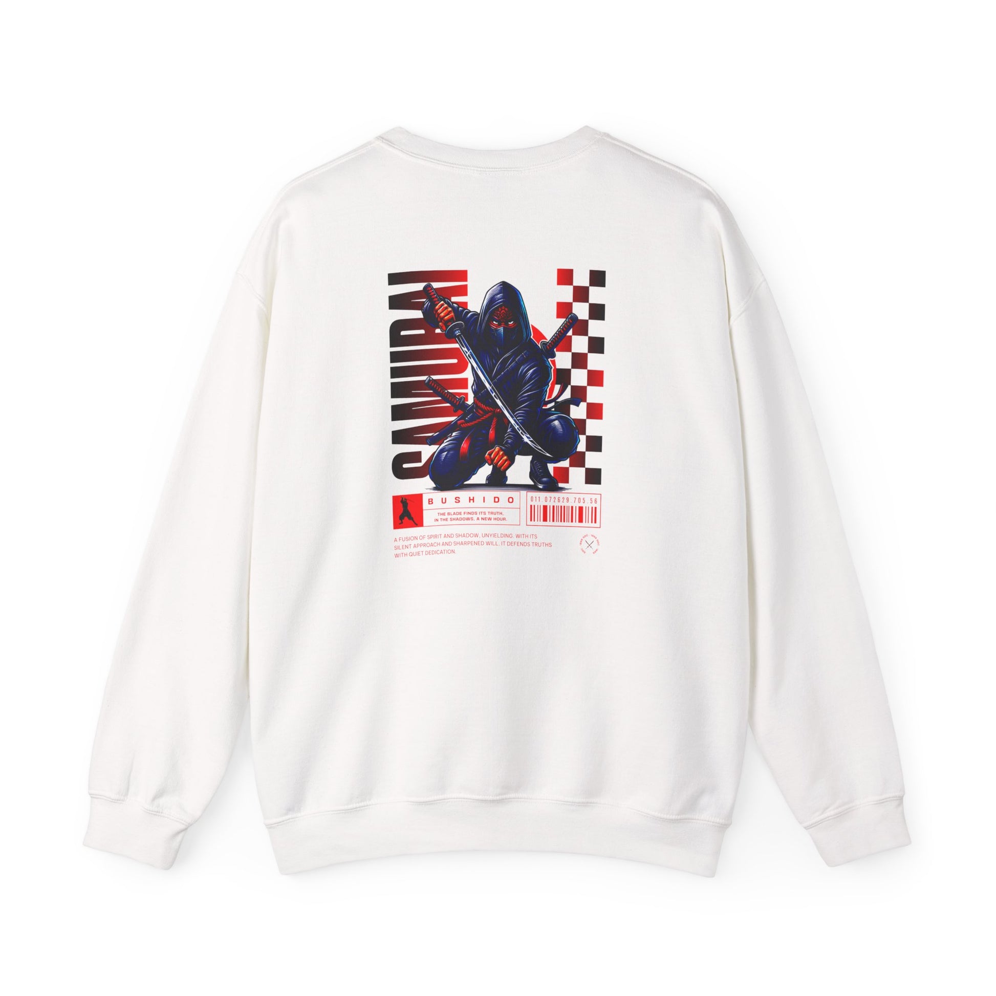 A white sweatshirt featuring a Crouching ninja with two katanas and "Bushido" text, red and black Japanese-inspired sweatshirt design.