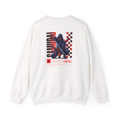 A white sweatshirt featuring a Crouching ninja with two katanas and "Bushido" text, red and black Japanese-inspired sweatshirt design.