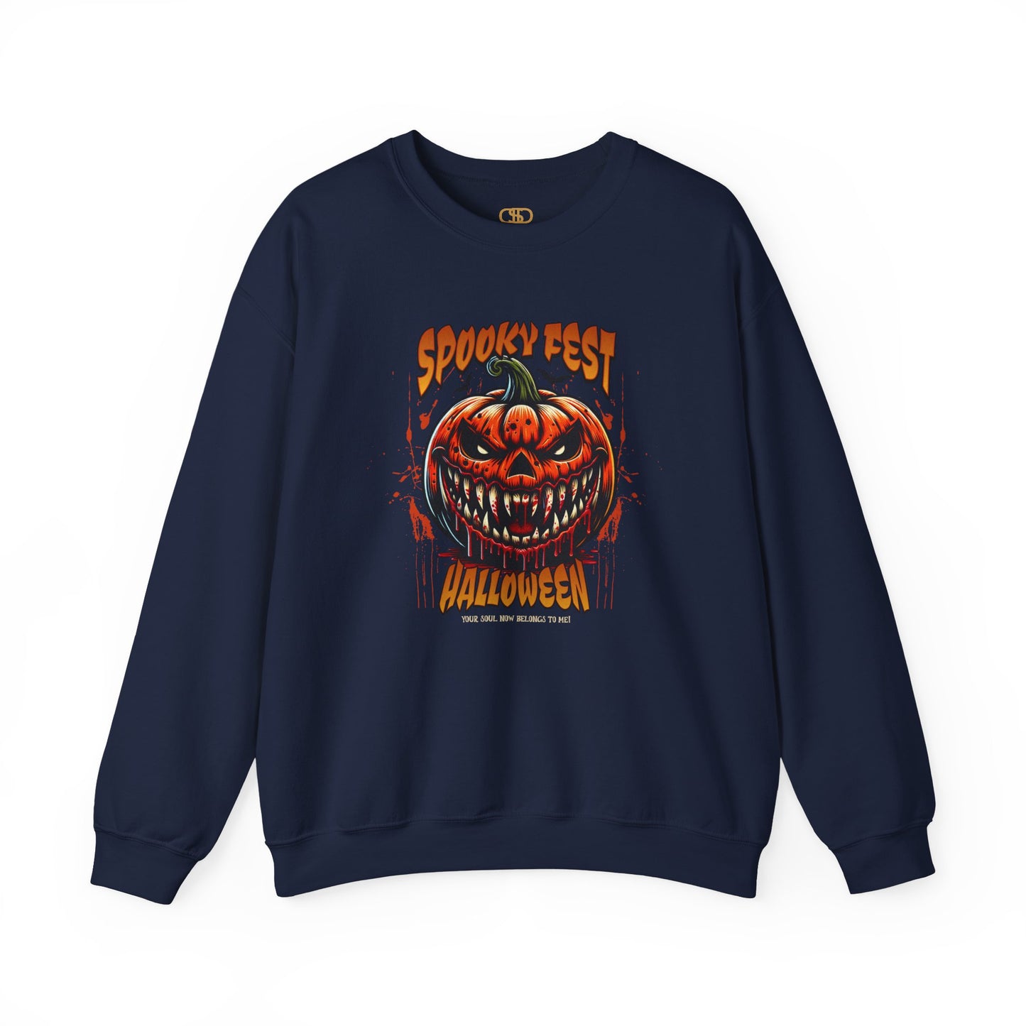 A navy sweater featuring a Scary fanged jack-o'-lantern with "Spooky Fest Halloween Your Soul Now Belongs To Me!" text, orange and black horror sweatshirt.