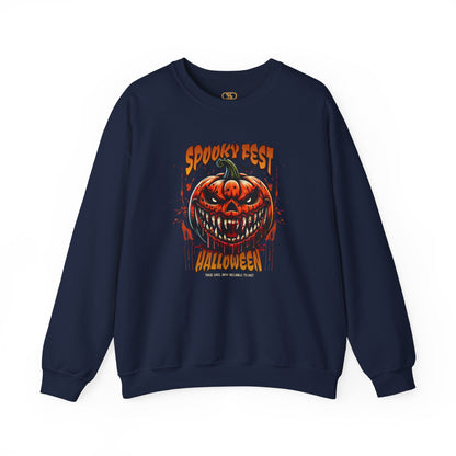 A navy sweater featuring a Scary fanged jack-o'-lantern with "Spooky Fest Halloween Your Soul Now Belongs To Me!" text, orange and black horror sweatshirt.