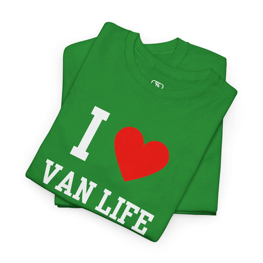 Green folded t-shirt with 'I ❤️ Van Life' text on a white background