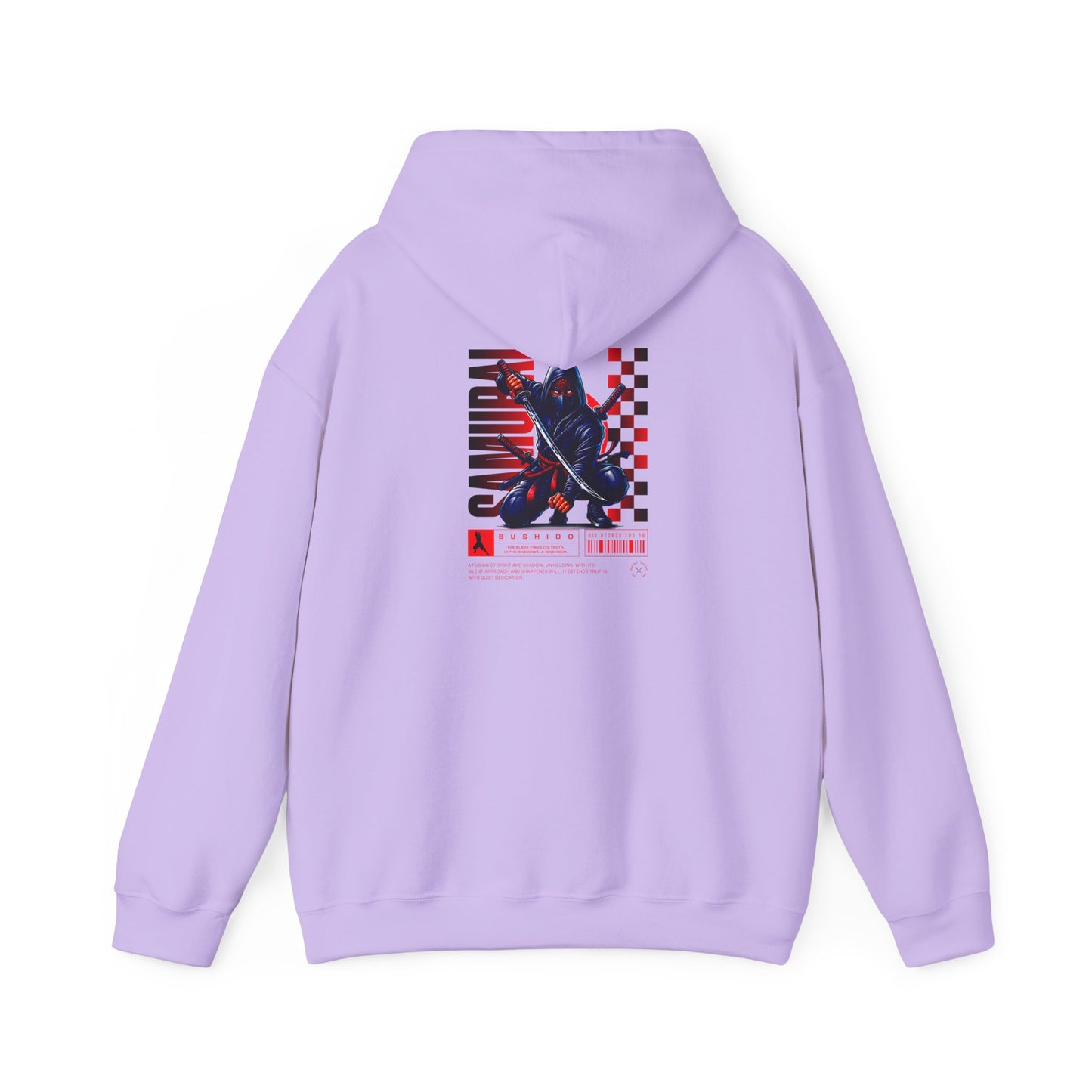 A purple orchid colored hoodie featuring a Crouching ninja with two katanas and "Bushido" text, red and black Japanese-inspired hoodie design.