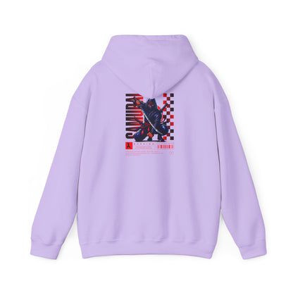 A purple orchid colored hoodie featuring a Crouching ninja with two katanas and "Bushido" text, red and black Japanese-inspired hoodie design.