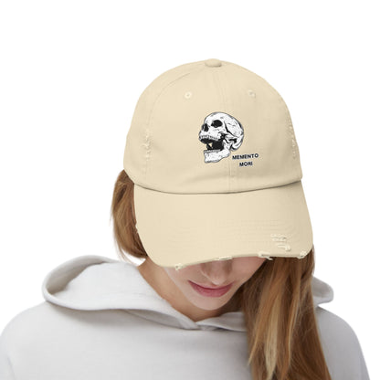 Memento Mori Distressed Hat – Skull Embroidered Cap with Gothic Flair