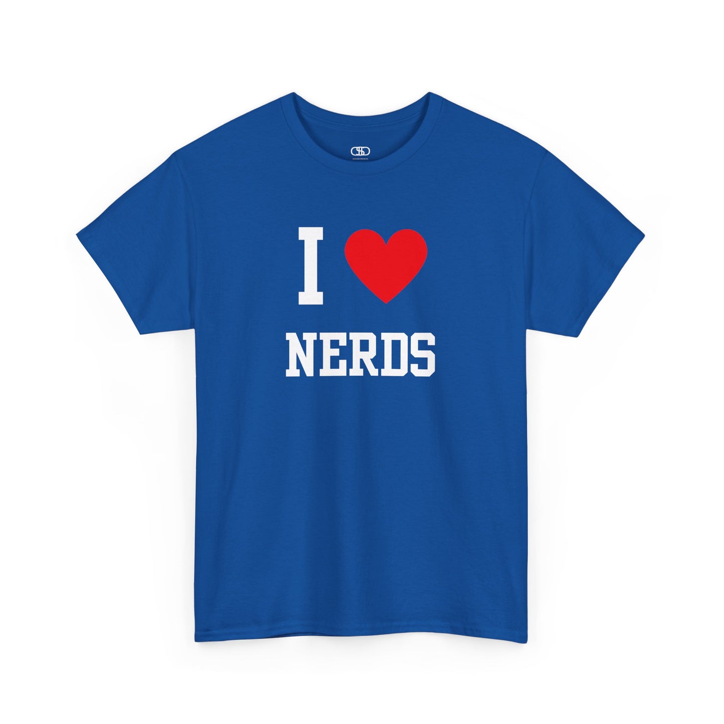 Blue t-shirt with 'I ❤️ NERDS' text on a white background