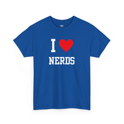 Blue t-shirt with 'I ❤️ NERDS' text on a white background
