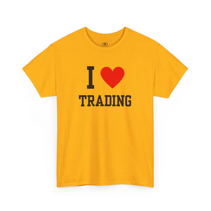 A minimalist t-shirt featuring the "I Love  design with the text "I," a red heart symbol, and the word "Trading" underneath.