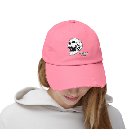 Memento Mori Distressed Hat – Skull Embroidered Cap with Gothic Flair