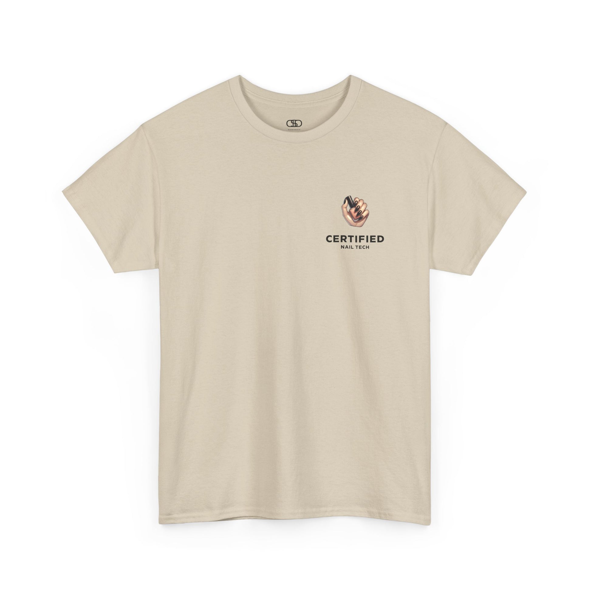 A sand t-shirt with a hand graphic design holding nail polish with polished nails followed by the words Certified Nail Tech beneath it.