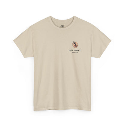 A sand t-shirt with a hand graphic design holding nail polish with polished nails followed by the words Certified Nail Tech beneath it.