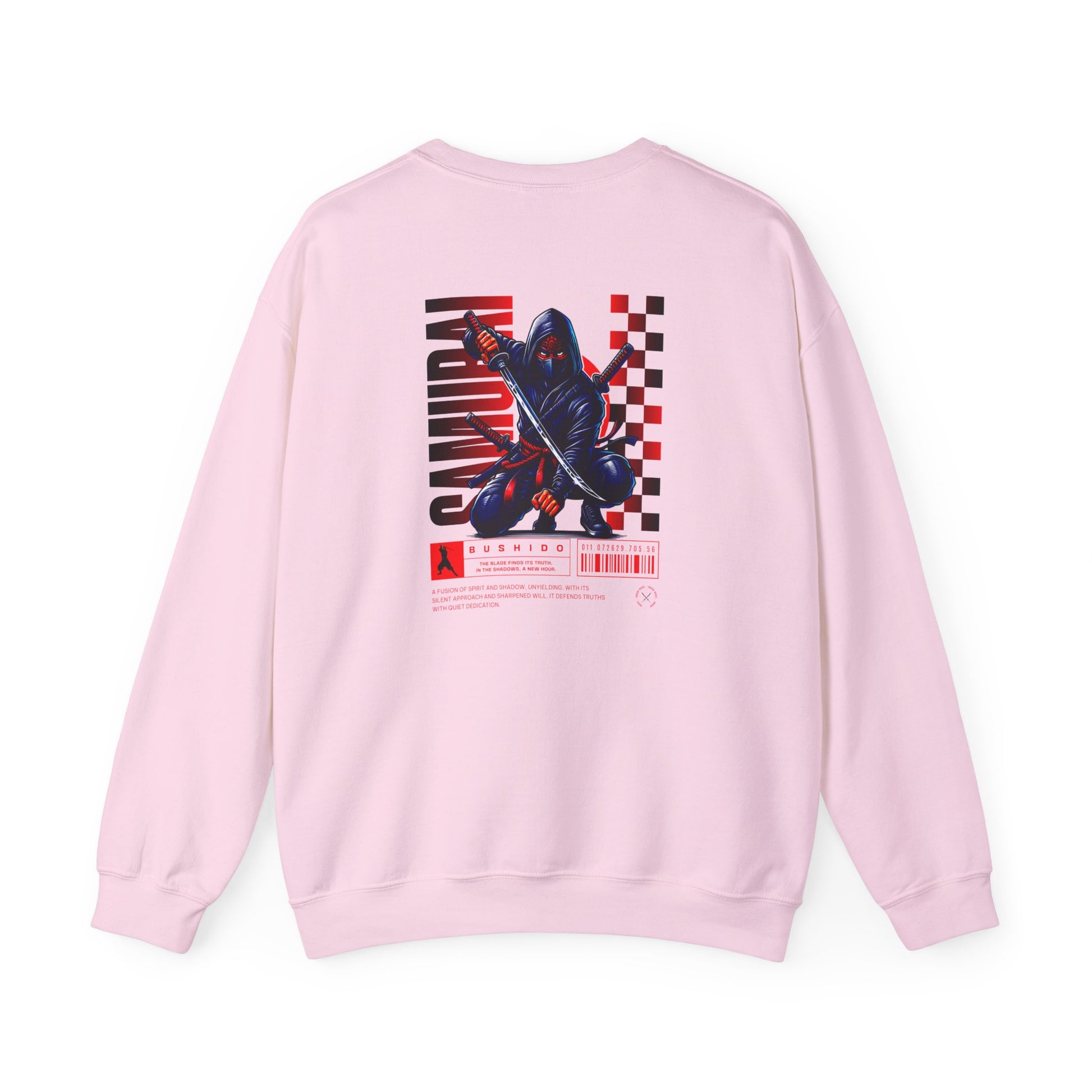 A light pink sweatshirt featuring a Crouching ninja with two katanas and "Bushido" text, red and black Japanese-inspired sweatshirt design.