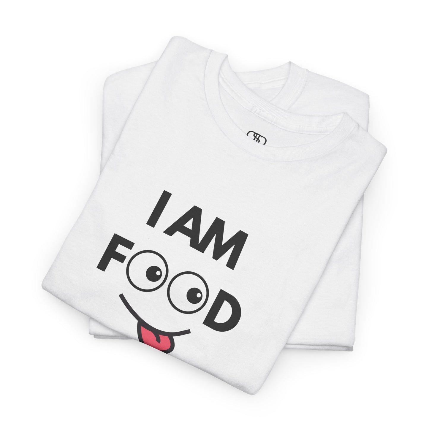 A folded white T-shirt with "I AM FOOD" text, where the 'OO' are cartoon eyes, and a tongue-out graphic.