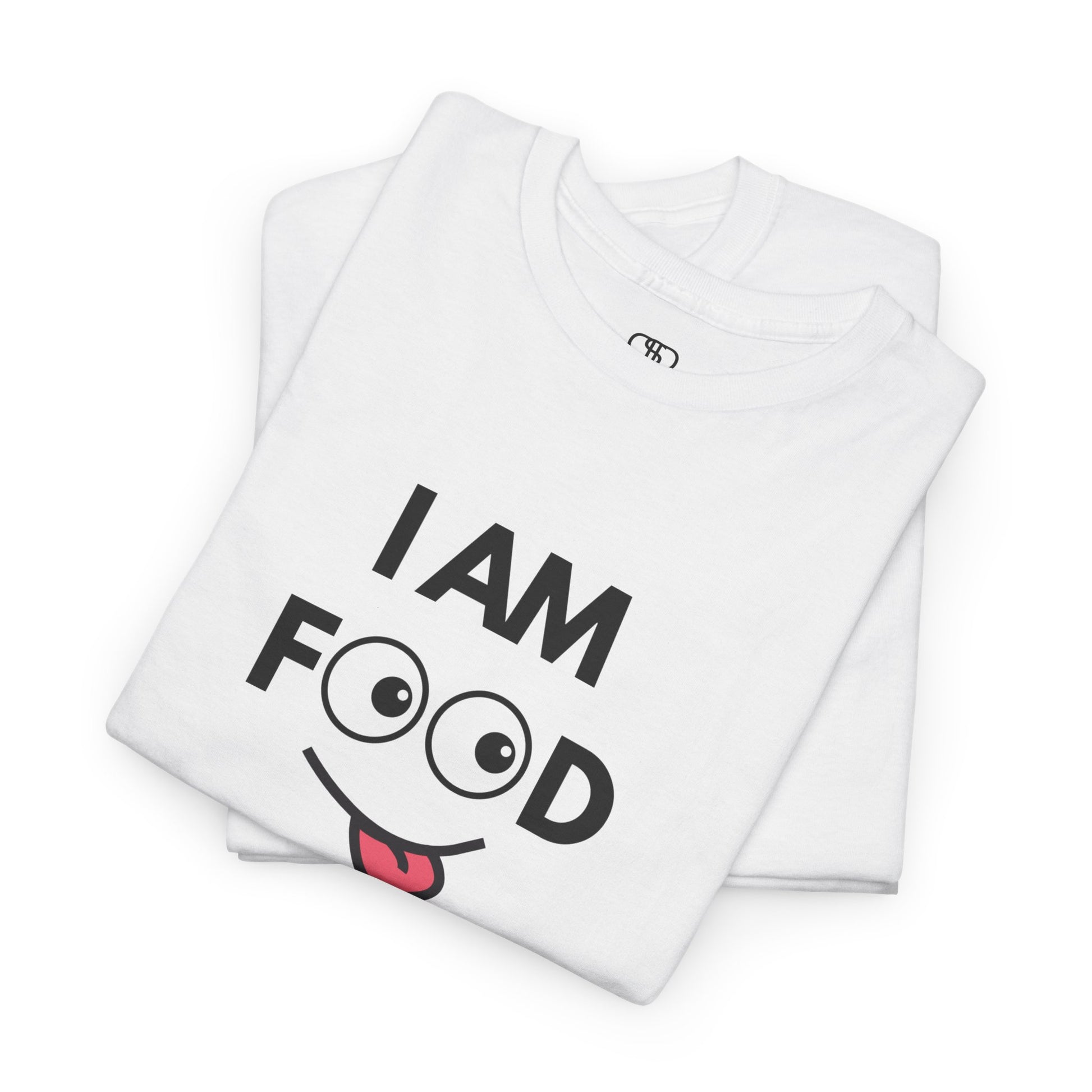 A folded white T-shirt with "I AM FOOD" text, where the 'OO' are cartoon eyes, and a tongue-out graphic.