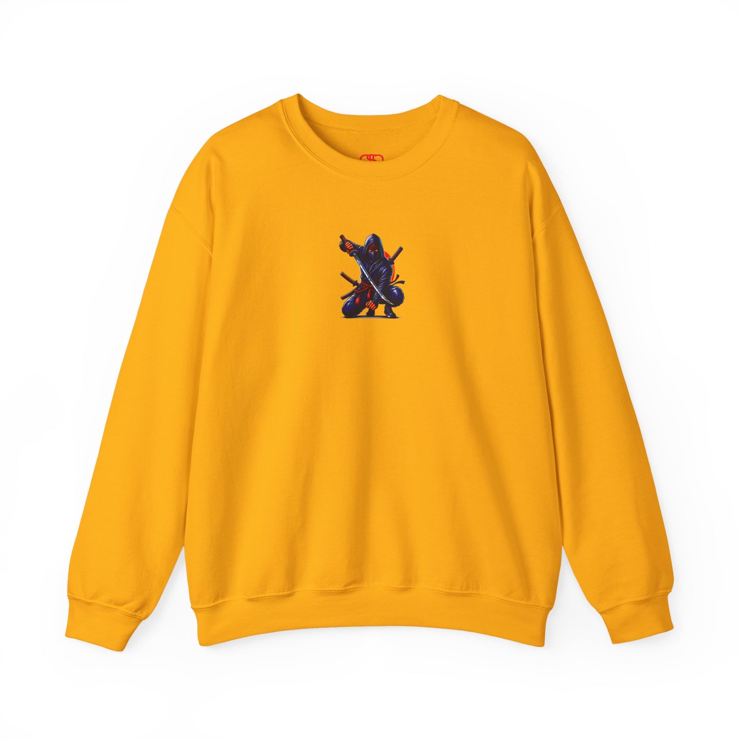 A daisy yellow sweatshirt featuring a Crouching ninja with two katanas and "Bushido" text, red and black Japanese-inspired sweatshirt design.