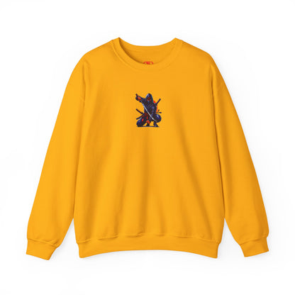 A daisy yellow sweatshirt featuring a Crouching ninja with two katanas and "Bushido" text, red and black Japanese-inspired sweatshirt design.