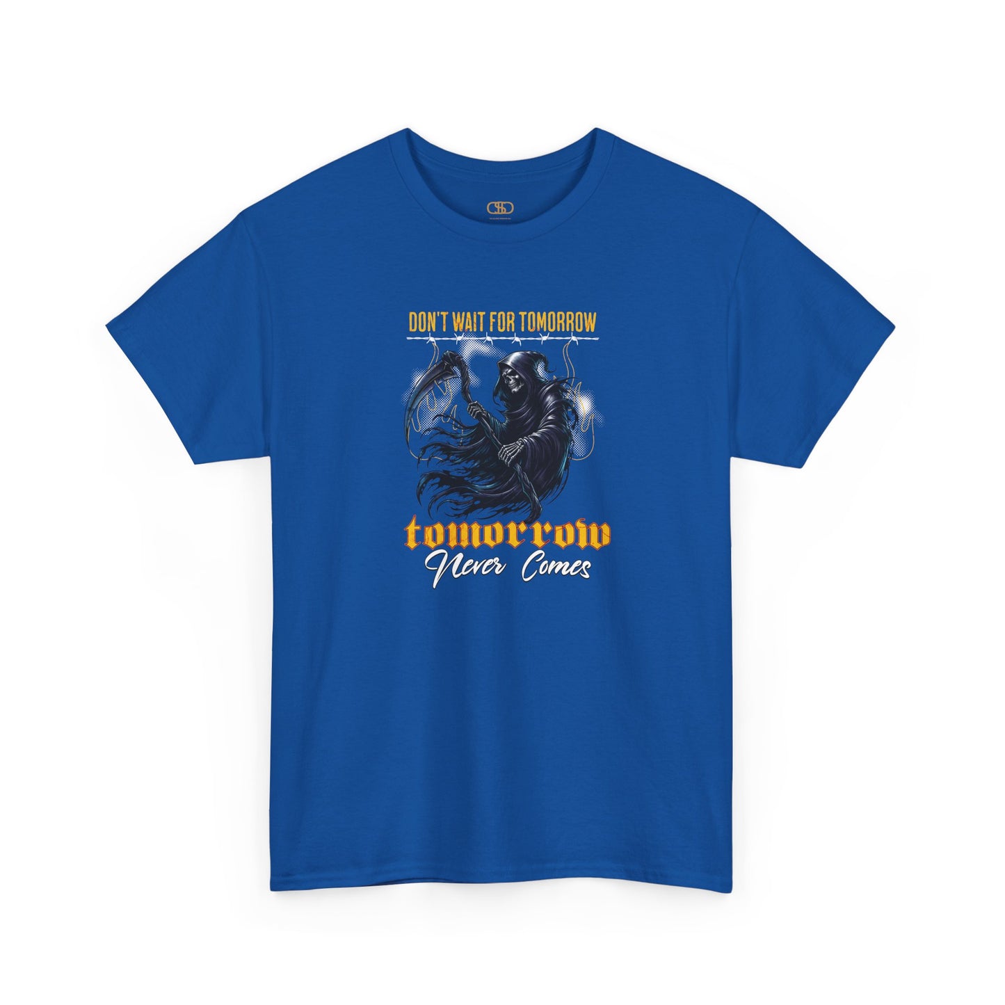 A royal blue t-shirt featuring a Grim Reaper holding scythe with "Don't Wait For Tomorrow Tomorrow Never Comes" text, dark gothic t-shirt design.