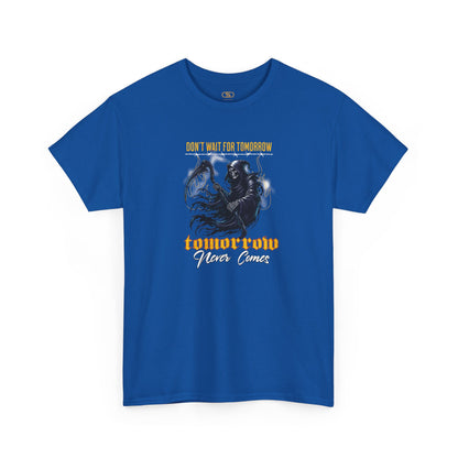 A royal blue t-shirt featuring a Grim Reaper holding scythe with "Don't Wait For Tomorrow Tomorrow Never Comes" text, dark gothic t-shirt design.