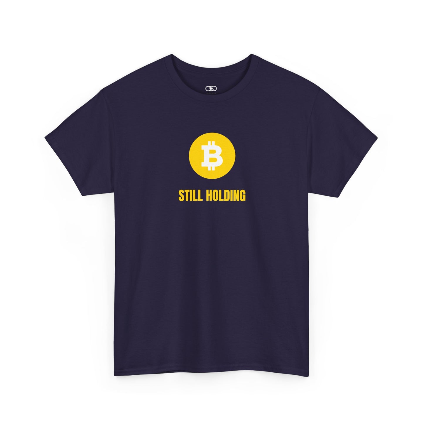  T-shirt with a Bitcoin emblem and "Still Holding" text in gold.