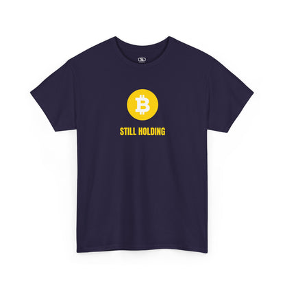  T-shirt with a Bitcoin emblem and "Still Holding" text in gold.