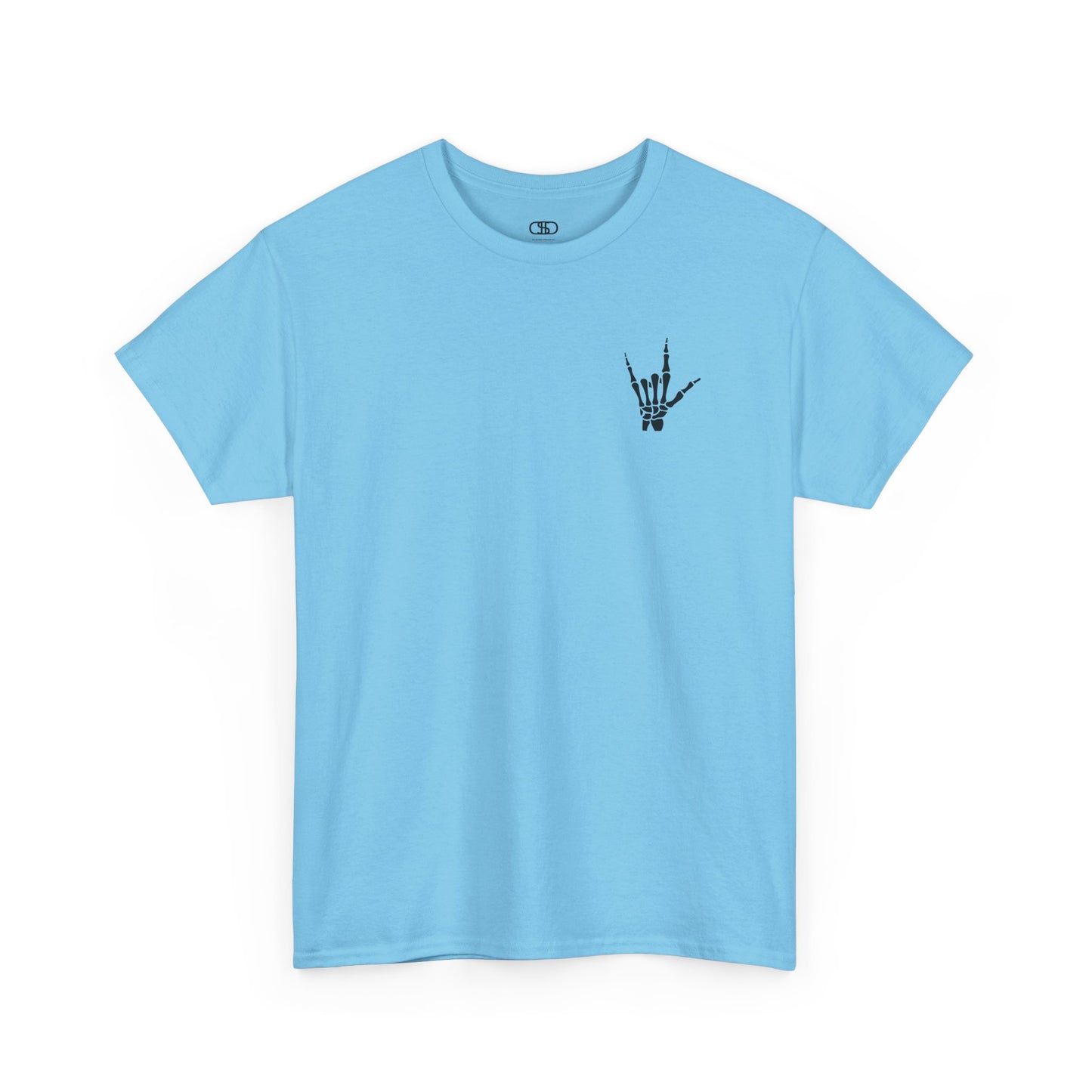 A sky blue t-shirt with small rock hand symbol on front, and "Rules.. Never Heard of Them" graffiti text on the back.