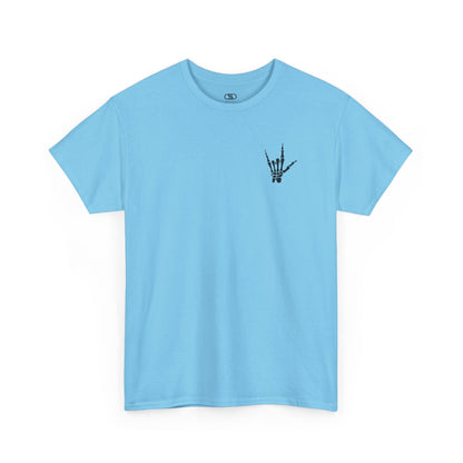 A sky blue t-shirt with small rock hand symbol on front, and "Rules.. Never Heard of Them" graffiti text on the back.