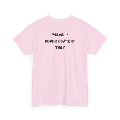 A light pink t-shirt with small rock hand symbol on front, and "Rules.. Never Heard of Them" graffiti text on the back.