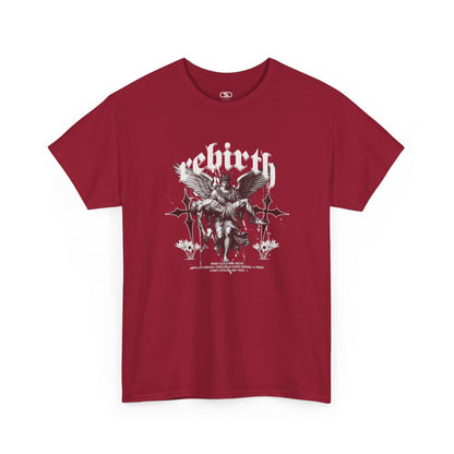 A red T-shirt featuring a Angel carrying a figure with "Rebirth" text, white and black gothic spiritual art t-shirt.