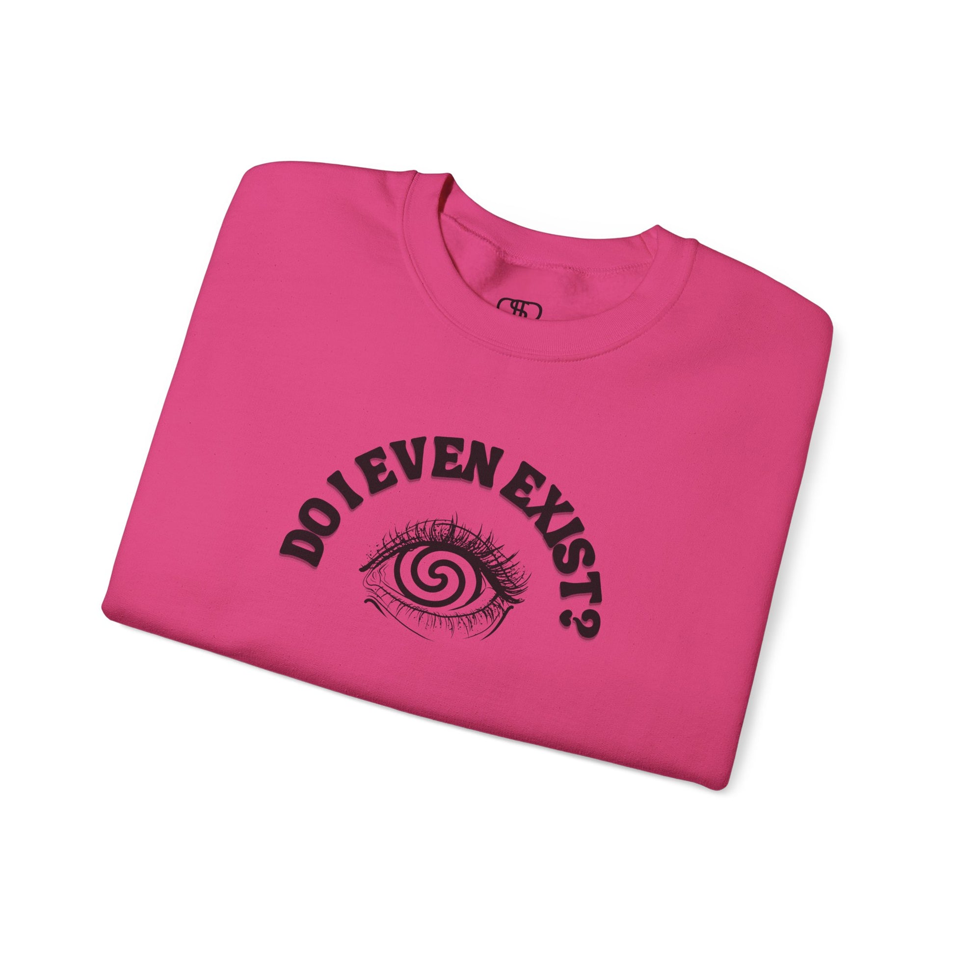 A sweatshirt with a graphic print of a detailed, realistic eye that contains an optical illusion of a spiral. The text "Do I even Exist?" is printed above the eye in a clean font.