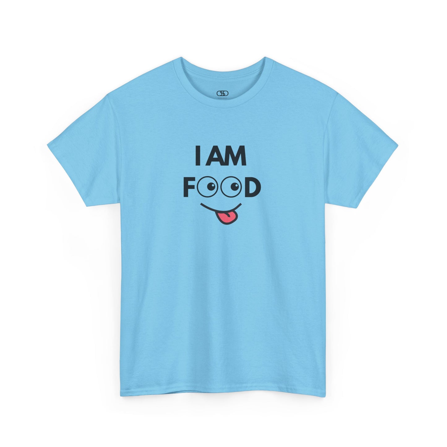 A Sky Blue T-shirt with "I AM FOOD" text, where the 'OO' are cartoon eyes, and a tongue-out graphic.