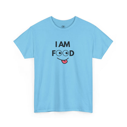 A Sky Blue T-shirt with "I AM FOOD" text, where the 'OO' are cartoon eyes, and a tongue-out graphic.