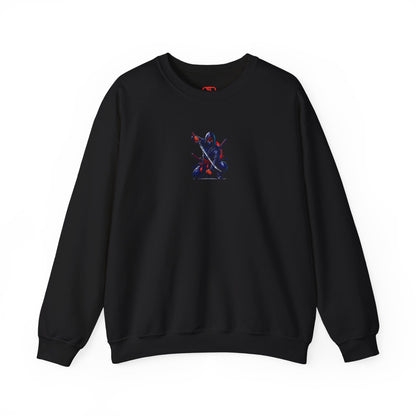 A black sweatshirt featuring a Crouching ninja with two katanas and "Bushido" text, red and black Japanese-inspired sweatshirt design.
