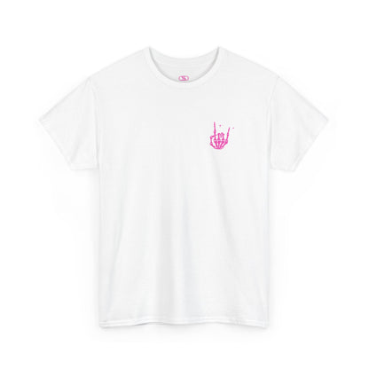 A white t-shirt with a skeletal rock hand on the front and a melting emoji with the phrase “I match energy So ho we gon’ Act Today?” on the back.