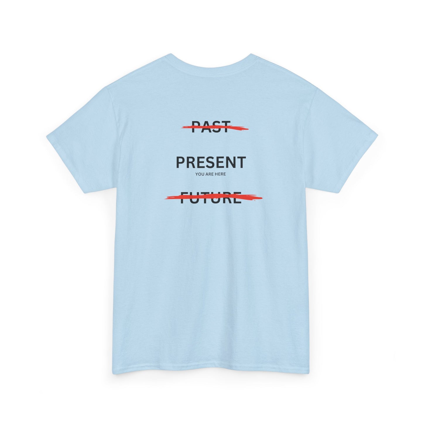  Back of a t-shirt with a design illustrating the importance of the present: the word 'Past' is crossed out, followed by 'Present' and the phrase 'you are here', and finally the word 'Future' is also crossed out.