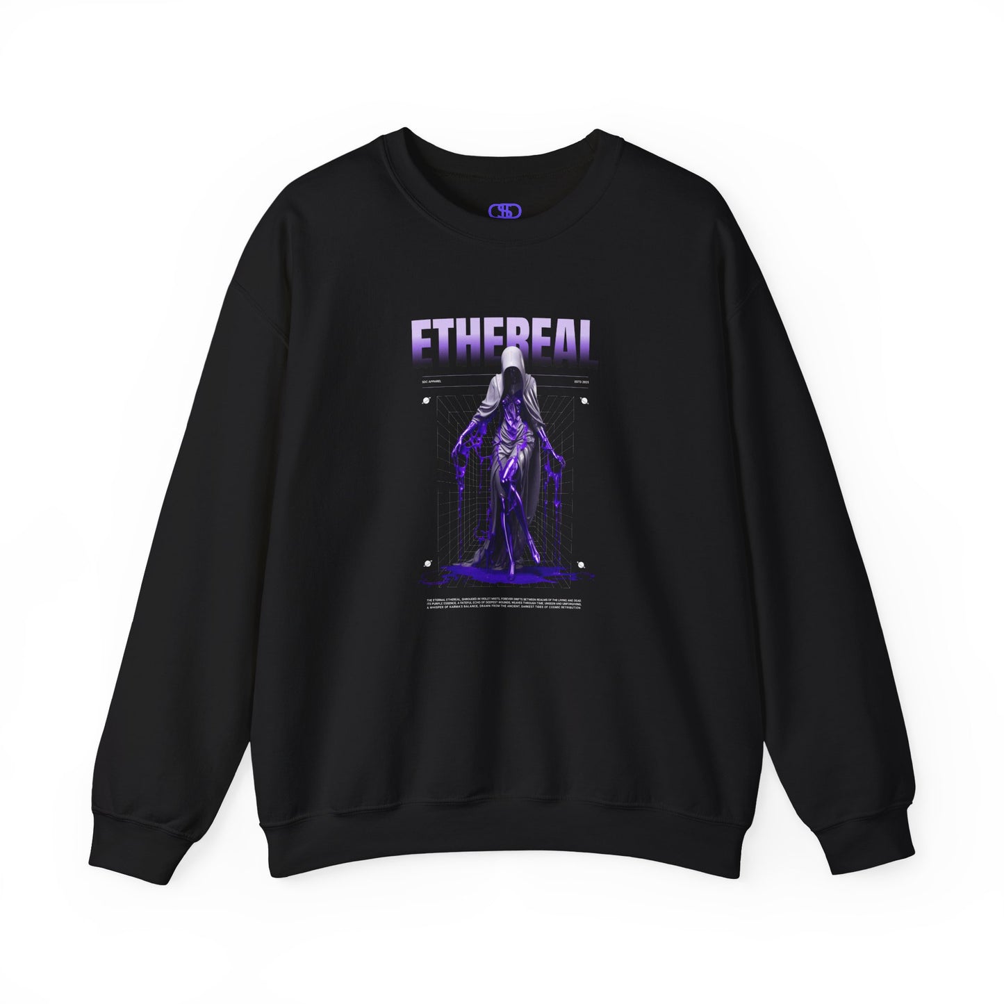  A black sweater with a glowing purple ethereal ghostly figure in a robe, surrounded by mystic violet liquid and "Ethereal" text.
