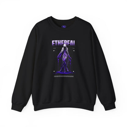  A black sweater with a glowing purple ethereal ghostly figure in a robe, surrounded by mystic violet liquid and "Ethereal" text.