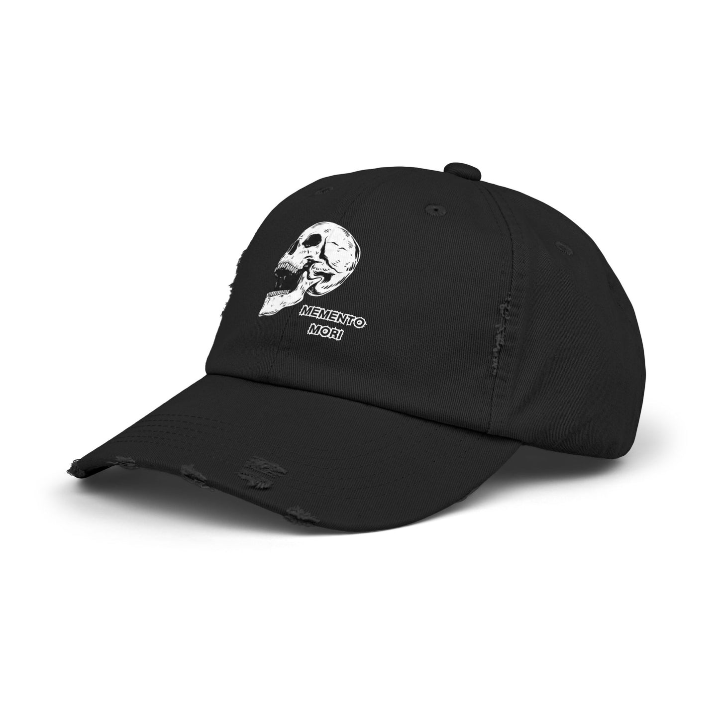 Memento Mori Distressed Hat – Skull Embroidered Cap with Gothic Flair
