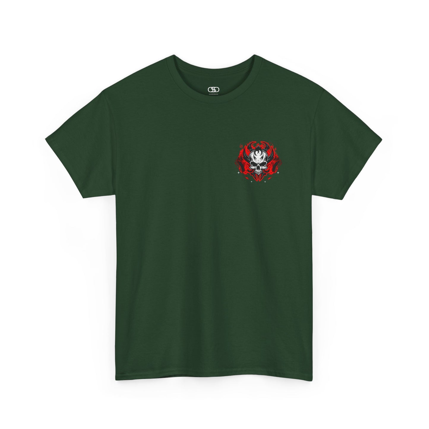 A forest Green t-shirt with a gothic skull design, red ghostly aura, and "Ego Death" text for spiritual rebirth.
