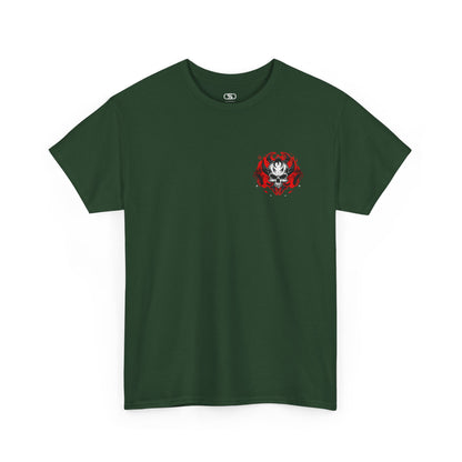 A forest Green t-shirt with a gothic skull design, red ghostly aura, and "Ego Death" text for spiritual rebirth.