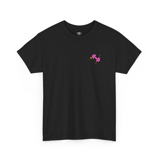 A black t-shirt with a pink dumbbell on the front and the phrase “I work out because punching people is frowned Upon” in a retro font on the back.