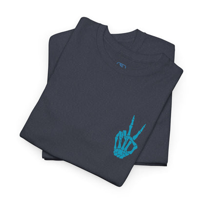 A [folded navy] t-shirt with a skeletal peace sign on the front and the phrase “Have the day you deserve” with a large skeletal peace sign on the back.