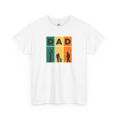 A white T-shirt with "DAD" letters, each letter showing a different stage of a father's life (lifting child, walking with child, old age).