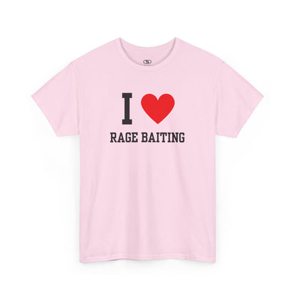 A light pink t-shirt featuring the classic "I Love" graphic style with the text "I," a red heart, and the words "Rage Baiting" below it.
