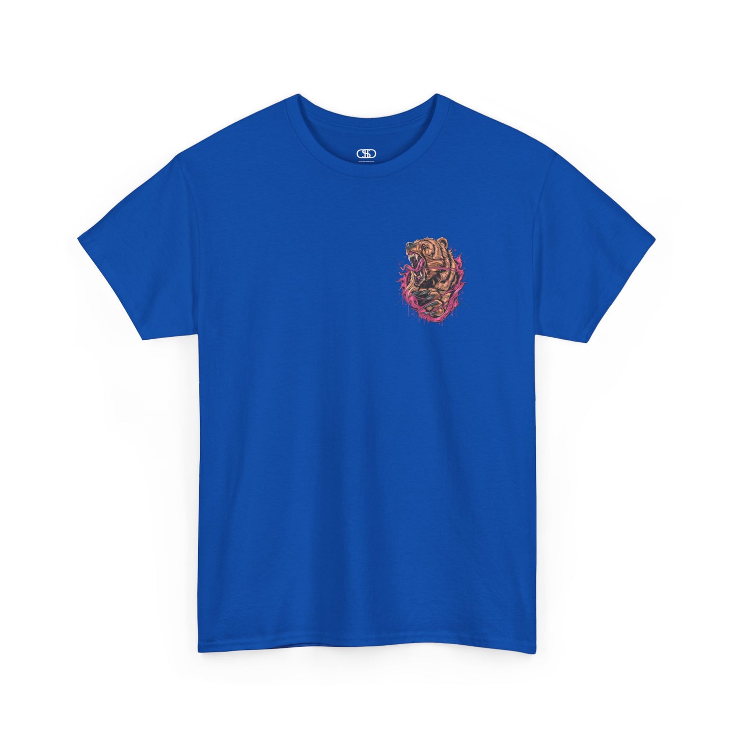 A Royal Blue T-shirt with a graphic of a raging bear ripping through the fabric, growling, with claws out and red eyes.