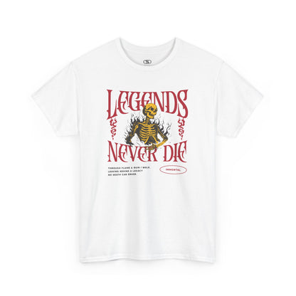 A t-shirt with a graphic of a defiant skeleton engulfed in flames. The words “Legends Never Die” are prominently displayed, with a smaller quote and the word “Immortal” included in the design.