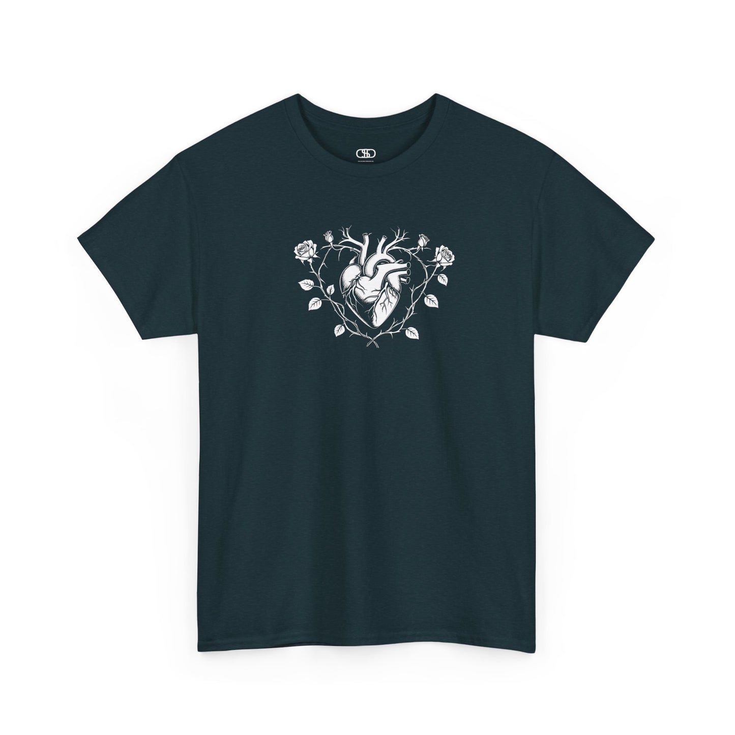 A t-shirt with a heart surrounded by thorn vines, red roses, and green leaves graphic.