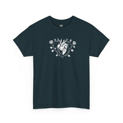 A t-shirt with a heart surrounded by thorn vines, red roses, and green leaves graphic.
