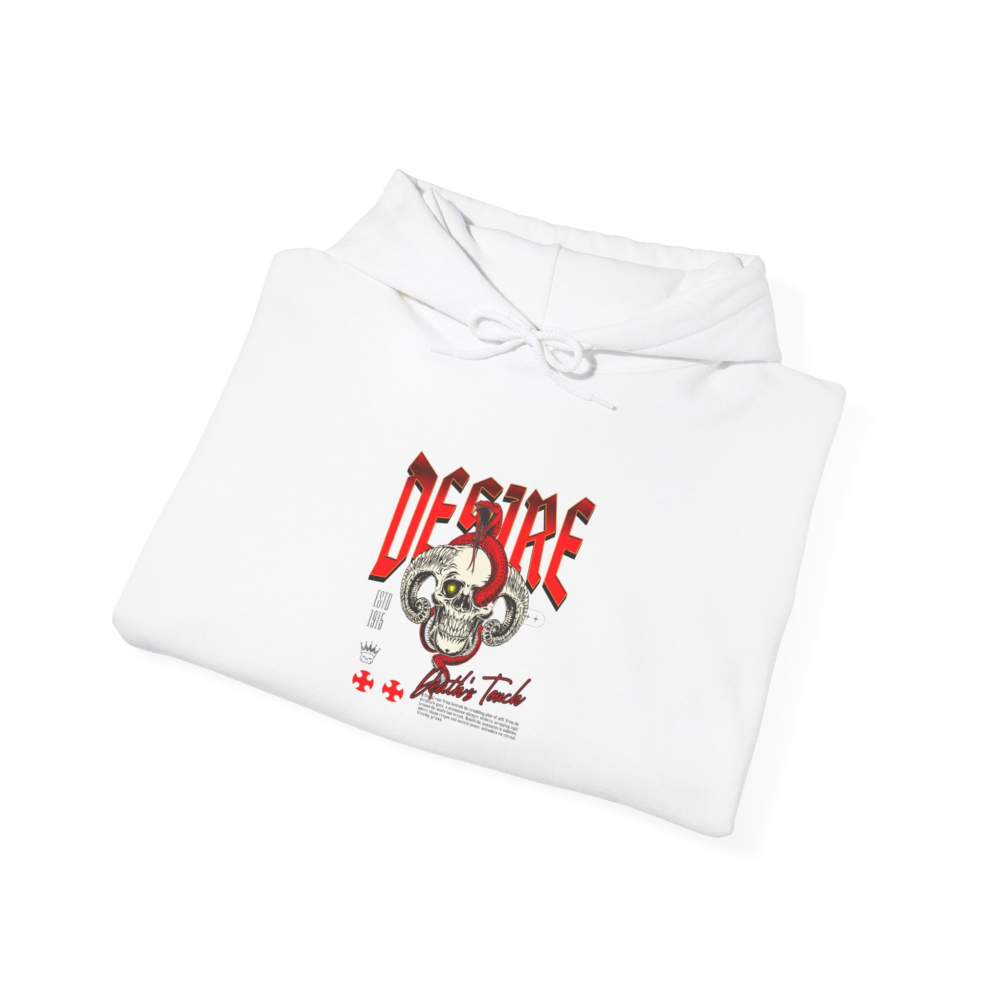 A folded white hoodie featuring a Horned skull with glowing eye and red snake wrapped around it, "Desire Death's Touch" text, gothic hoodie design.