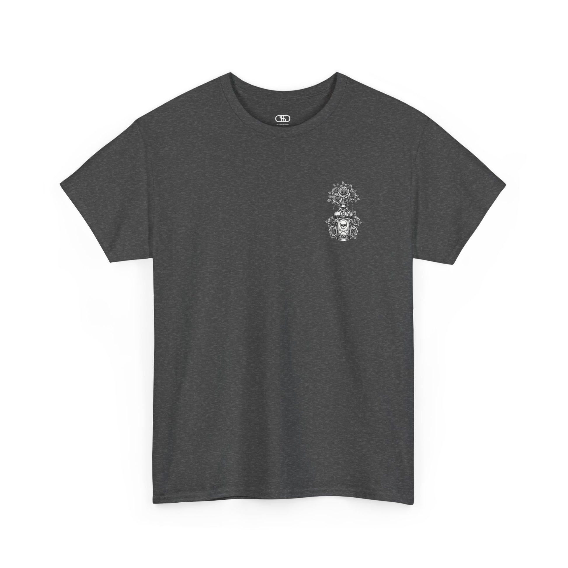 A dark heather t-shirt with a skull and crossbones vase filled with roses and the words “Surviving Purely Out of Spite” in a gothic font.